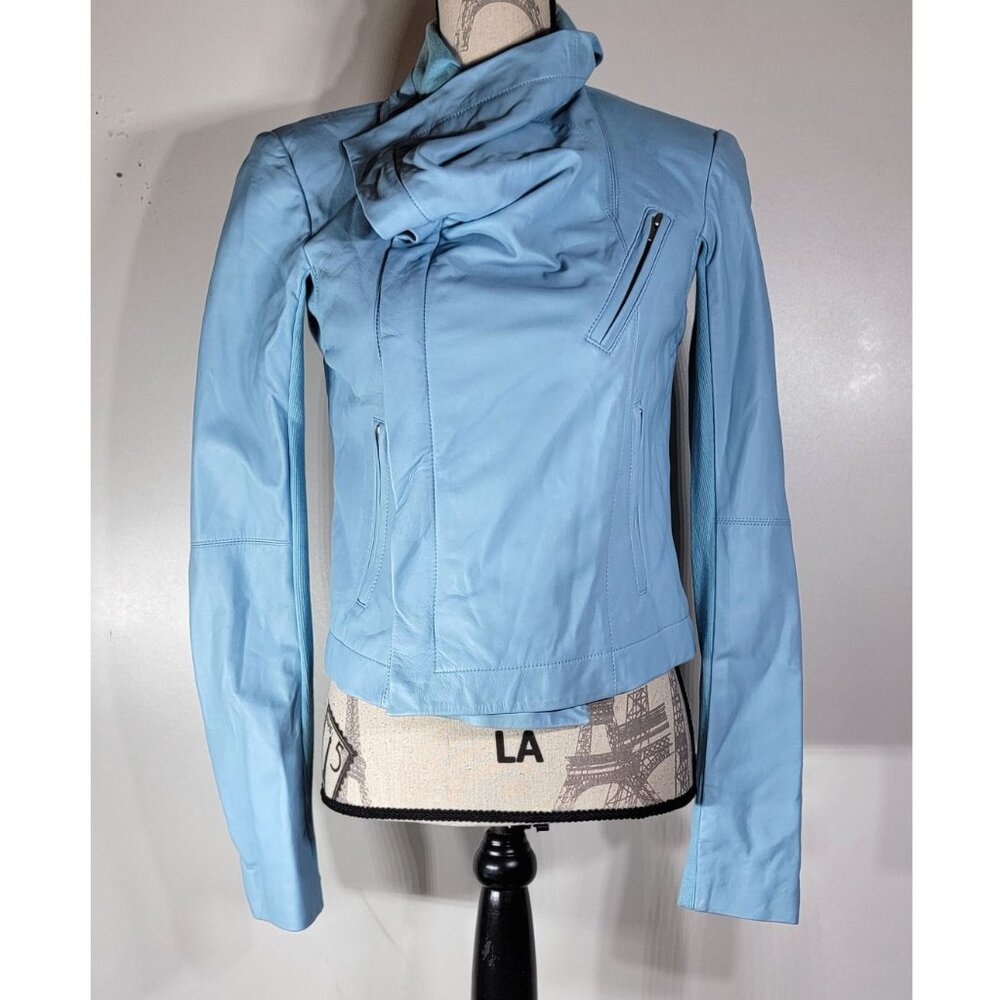 VEDA Asymmetrical Zip Leather Moto Jacket, Sky Blue, Women’s Size Medium